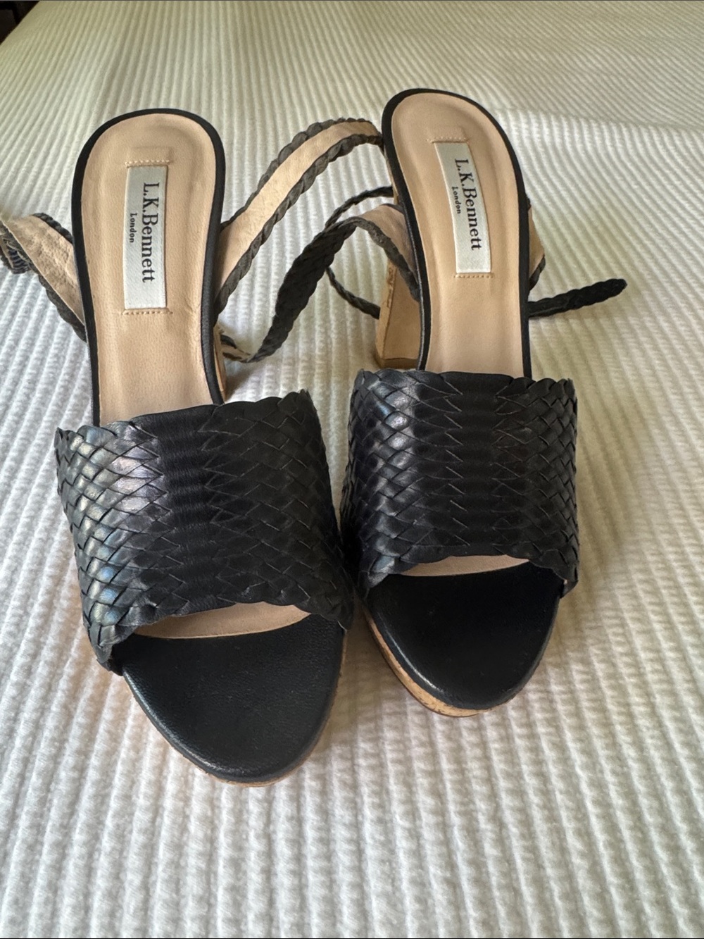 LK Bennett Navy Braided Leather Slide Mules with Wrap Ties